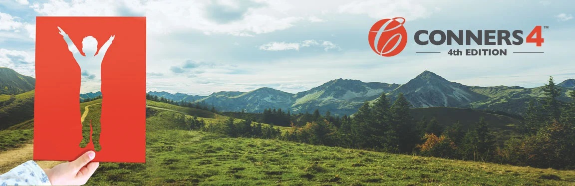 A red paper cutout of a child with their hands up. The background behind the cutout is a mountain landscape. The Conners 4th Edition logo is on the right side of the image.