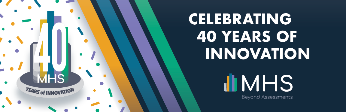 MHS' "40 years of innovation" logo surrounded by confetti. Next to the logo are four diagonal stripes in MHS colors. The image says "Celebrating 40 years of innovation."