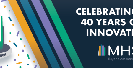 MHS' "40 years of innovation" logo surrounded by confetti. Next to the logo are four diagonal stripes in MHS colors. The image says "Celebrating 40 years of innovation."