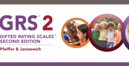 The Gifted Rating Scales Second Edition logo sits on a white background next to three circular images. The first image is of a teacher and a student, the second image is a group of children hugging and smiling, and the third image is a close-up of a child's face.